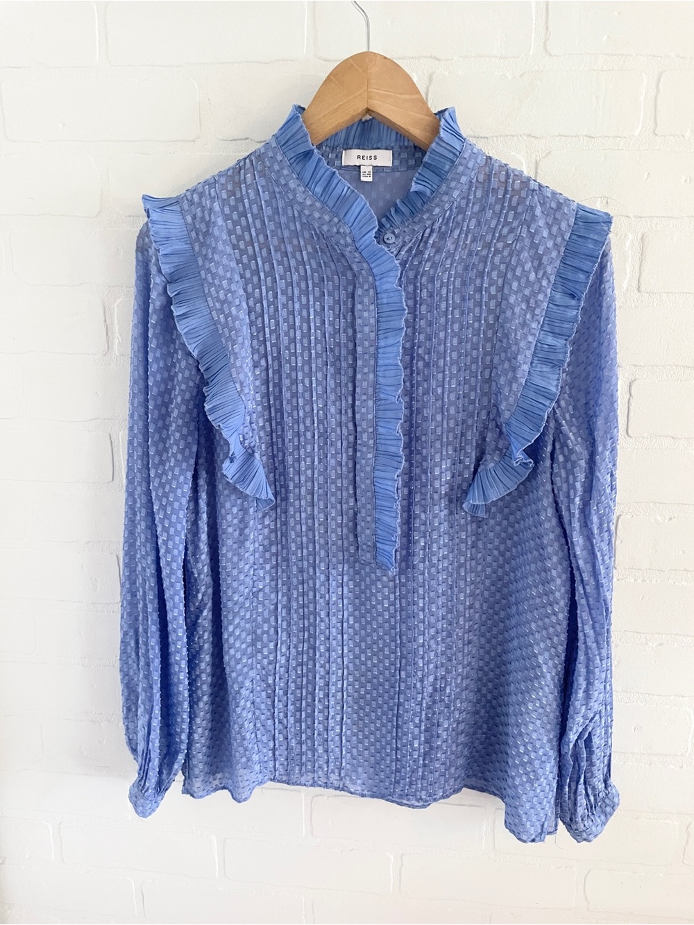 Reiss Sheer Silk Blend Ruffle Blouse Cornflower Periwinkle Blue Statement Sz 8 - Picture 2 of 16